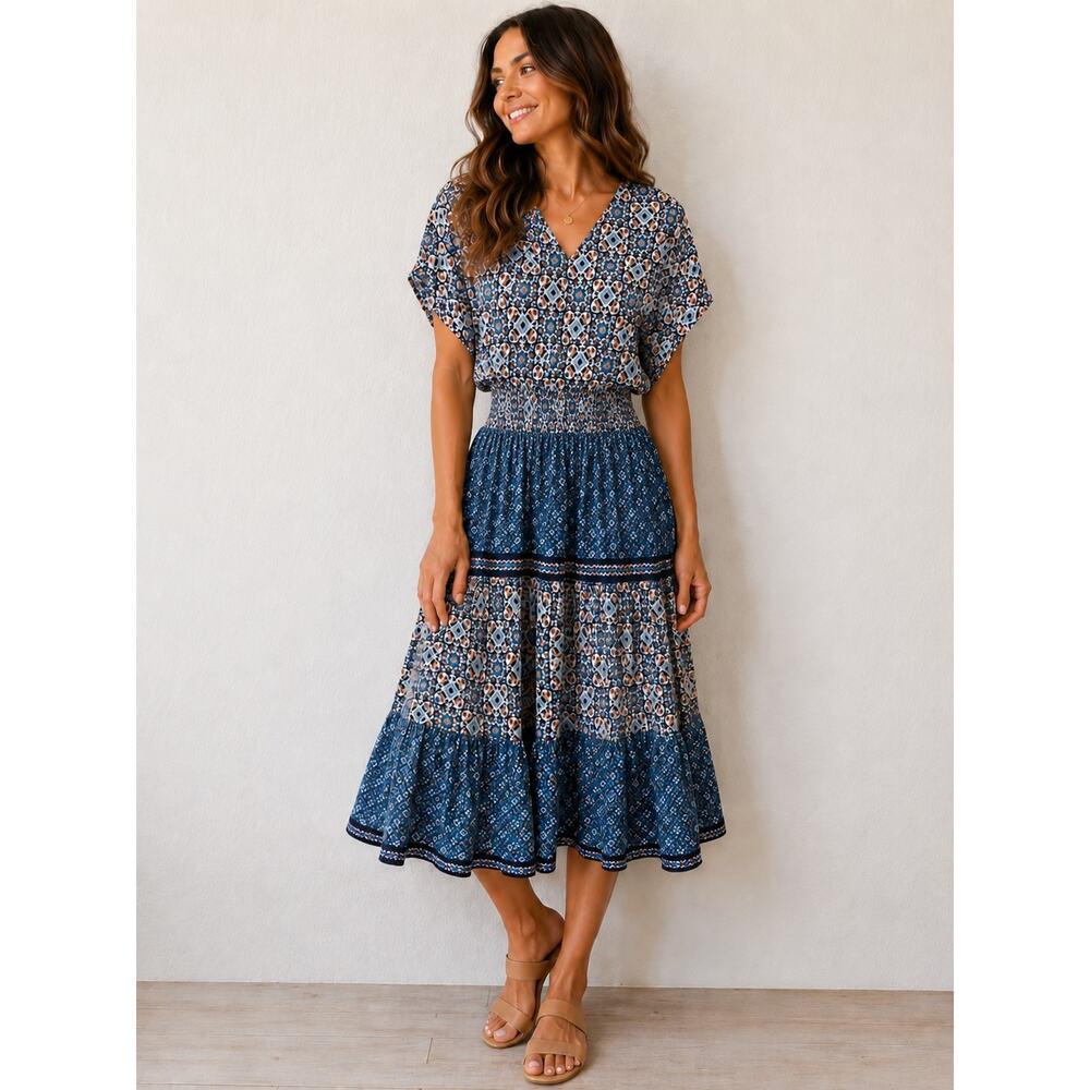 PHOOL Plus Size Blue Mosaic Print Smocked Waist Cotton Midi Dress Boho | 1X